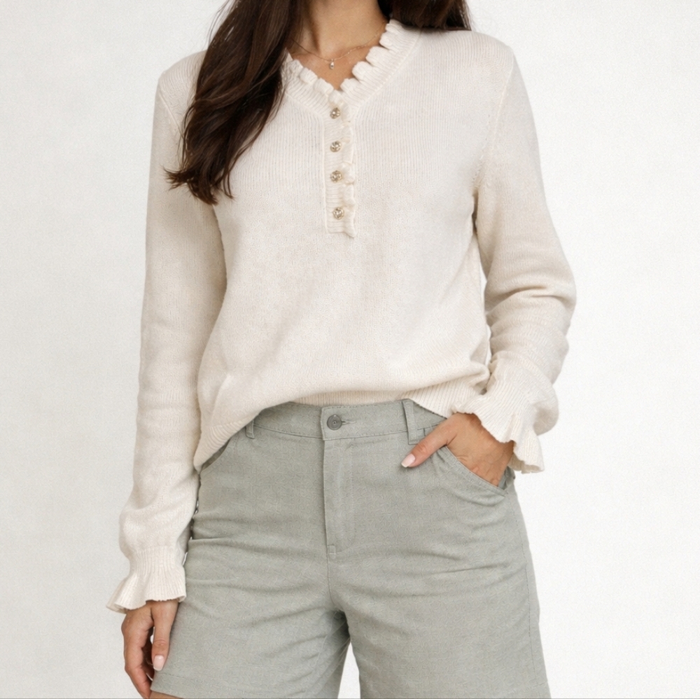 MOTF Ruffle Knit Sweater Women’s Size S Cream Button Top
